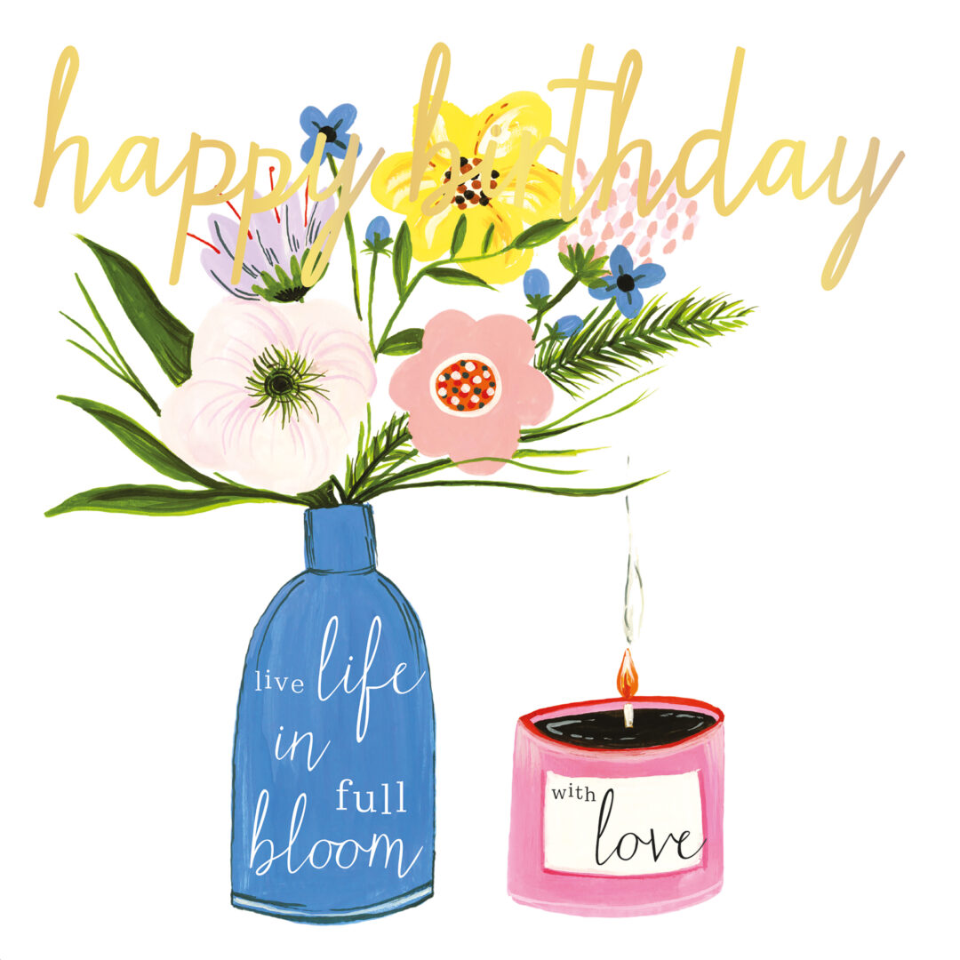 Happy birthday, flowers & candle
